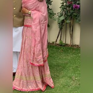 Pink Chikankari Lehenga - Embroidered Champagne Gold Accents with Potli (purse)